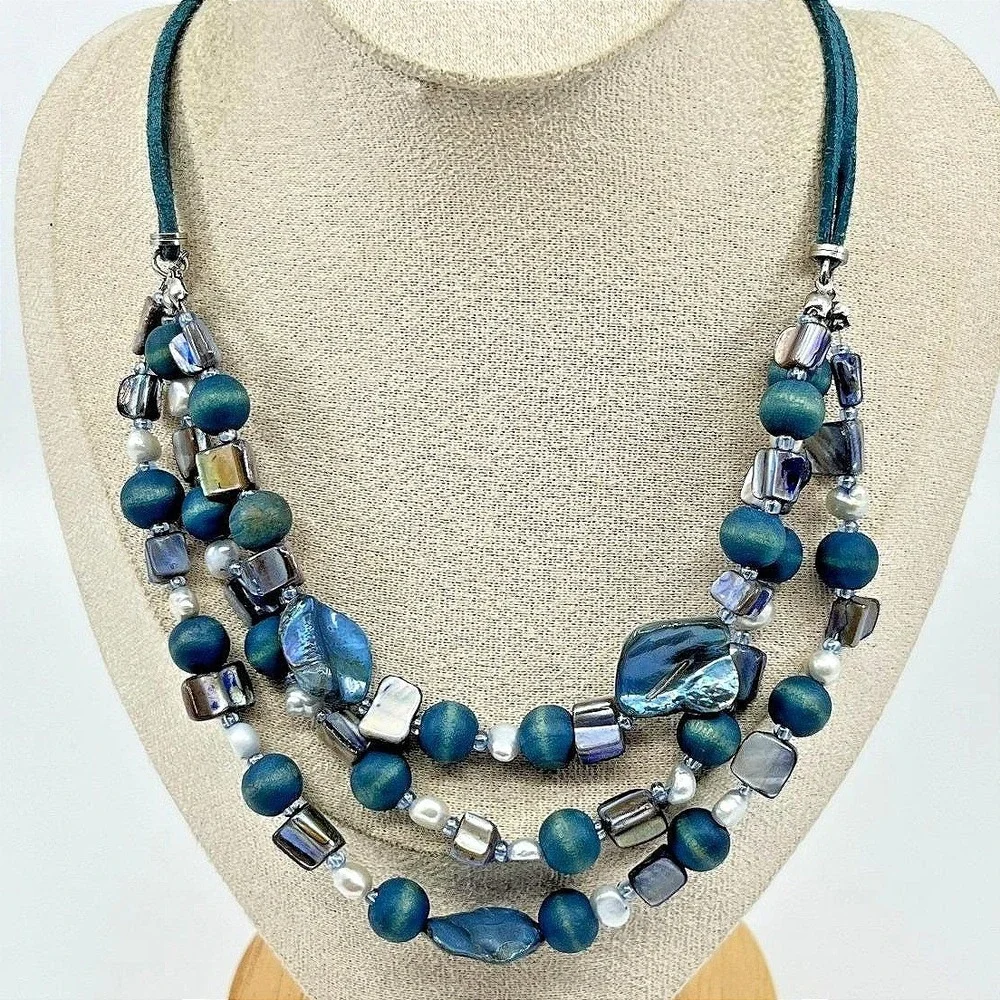 VTG Retro Boho Teal Multi-Strand Necklace Wood Mother Of Pearl Suede Y2K Coastal
